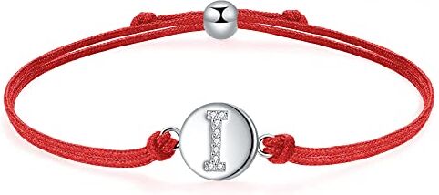 J.Endéar Bracciale Lettera I in Argento Sterling 925, Lettera Iniziale Disco con Catena in Filigrana Fatta a Mano Regolabile da 24cm, Rosso