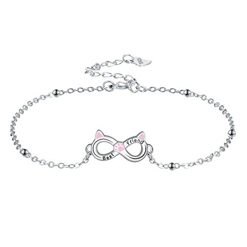 J.MUEN Bracciale a Forma di Gatto Rosa Carino da Donna 925 Argento con Cofanetto Regalo per ragazze e signore, simboli dell'infinito motivo gatto