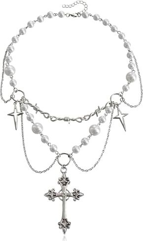 Clataly Crystal Cross Pearl Collana Gothic Choker Crocifisso Pendente Collana Argento Perline Gioielli per le Donne e le Ragazze