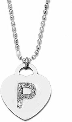 Beloved Collana con ciondolo da donna in acciaio con cristalli con lettera iniziale pendente a forma di cuore con lettera dell'alfabeto collana con catenina lunga 90 cm argento e cristalli (P)