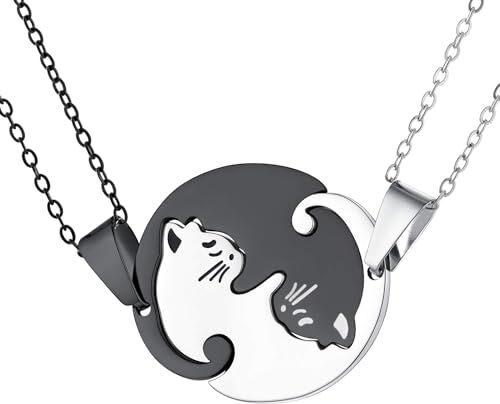 DXIUORF Collana di gatti carini, collana con ciondolo Yin e Yang in oro nero/bianco, acciaio inossidabile con catena da 20 pollici, regalo di coppia cool per uomini e ragazze