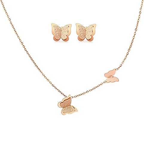 Crazy-M Collana da donna con farfalla + orecchino a farfalla, in oro rosa, per donne, ragazze, vintage, con ciondolo a farfalla, set regalo con confezione regalo, acciaio al titanio