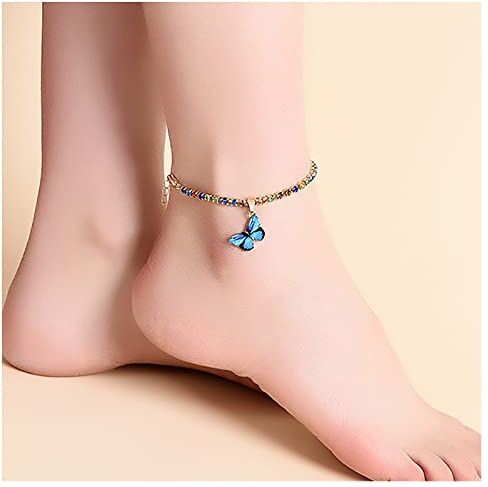 Dishowme Braccialetto con cavigliera a forma di farfalla di cristallo Braccialetto colorato con strass a forma di farfalla con catena di diamanti Bling Beach Sandali a piedi nudi regolabili Gioielli per donne Ragazze Adolescenti (Blu)