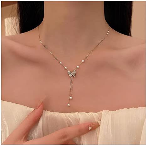 Cimenexe Bohémien Farfalla Lariat Y Collana Cristallo Farfalla Girocollo Collana Argento Perla Goccia Catena Vintage Perla Y Catena Collana Perla Nappa Girocollo Gioielli Per Donne E Ragazze Regali