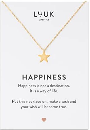 LUUK LIFESTYLE Collana da donna in acciaio inossidabile con pendente stella e cartolina HAPPINESS, stile chic ed elegante, accessorio alla moda lei, oro