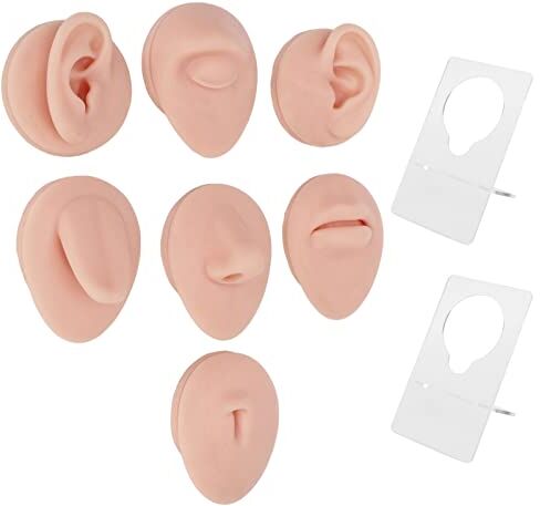 ZJchao Modello Corpo Piercing in Silicone, Morbido Silicone Orecchio Bocca Naso Occhio Lingua Ombelico Modello con Espositore per Pratica Piercing, Modello Parte del Corpo (Carne medio)