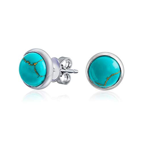 Bling Jewelry Boucles D'Oreilles Simples En Turquoise Bleue Comprimée Avec Lunette Boucles D'Oreilles Boutons Ronds En Forme De Dôme Pour Femmes En Argent Sterling .925