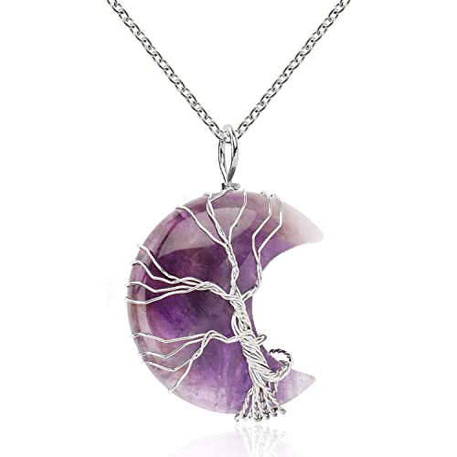 Thajaling Collana con ciondolo avvolto in filo di albero della vita, Ciondolo gioielli spirituali in cristallo energetico, ciondolo in pietra preziosa naturale avvolto a mano per donne (ametista)