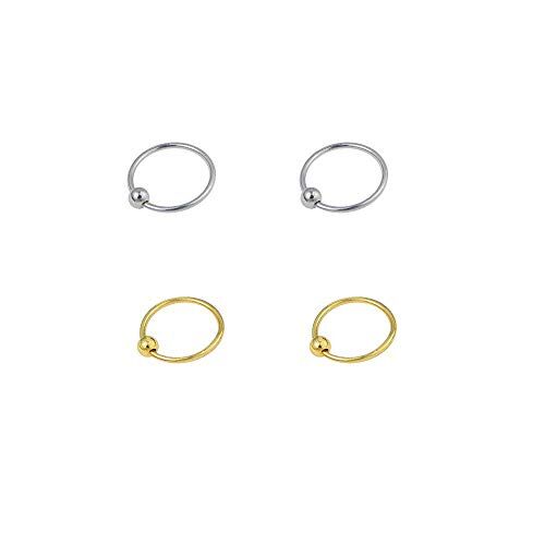 Generica 4 anelli naso piccoli 2 colore argento e 2 colore oro 7 mm diametro fine 0,6 mm spessore., Argento