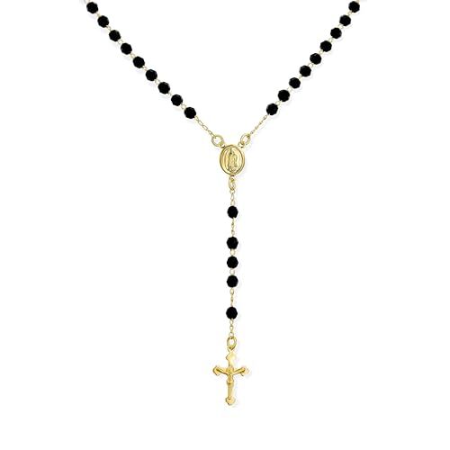 Bling Jewelry Rosario Religioso con Perle Nere Benedette della Vergine Maria Croce del Crocifisso Collana per Donne Adolescenti Placcata in Oro 18 Carati