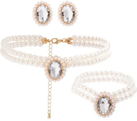 TOFBS 3 Pezzi Collana di Perle Set Ciondolo di Smeraldo Collana e Orecchini Bracciali Set Collane Perle di Plastica Gioielli per Sposa San Valentino Regali bianca