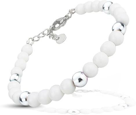 SAGA GIOIELLI ® Bracciale Uomo Donna Pietre Naturali Acciaio 6 mm (AGATA BIANCA)