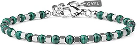 GAVU Bracciale da Uomo con Perle di Malachite e Perline Quadrate di Acciaio Inox