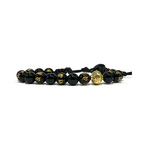 Samsara Bracciale Tibetano Buddista, lunghezza Regolabile, gioiello mistico Portafortuna Filo in cotone cerato ad alta resistenza (ONICE LUCIDO E MANTRA)