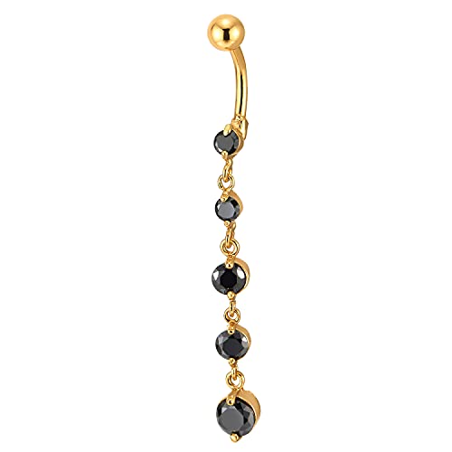 COOLSTEELANDBEYOND Acciaio Colore Oro Chirurgico Lunga Orecchini Goccia Gioielli per Il Corpo Anello Ombelico Pancia Barbells Nero Zirconi