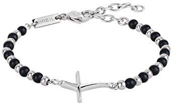 Breil , Collezione Code, Bracciale Uomo, Bracciale Rosario Uomo in Acciaio, con Pietre Naturali di Onice, con Iconica Croce  e Pratica Chiusura a Moschettone, Misura 17 cm, Nero e Argento