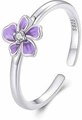 Qings Anello Regolabile Fiore in Argento 925, Anelli Aperti Fiori Viola Regalo di Compleanno per Donna Ragazze