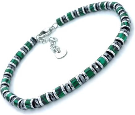 SAGA GIOIELLI ® Bracciale Uomo Rondelle Pietre Dure Acciaio (GIADA VERDE E CRISTALLI)