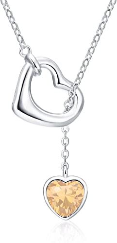 Qings Collana Cuore Donna Argento 925 Citrino Collana Ciondolo a Cuore Pietra Portafortuna Novembre Birthstone con Zirconia Brillante Natale Compleanno Gioielli Regalo per Ragazze Madre Figlia