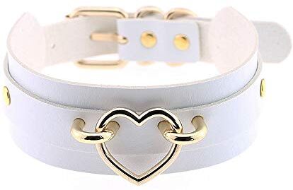 Jurxy Collana Girocollo Cuore Pelle Sintetica Collare del Choker di Goth con Il Cuore Punk Rock Collar Dimensione Regolabile Bianca con Cuore d'oro