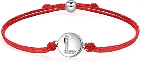 J.Endéar Bracciale Lettera L in Argento Sterling 925, Lettera Iniziale Disco con Catena in Filigrana Fatta a Mano Regolabile da 24cm, Rosso