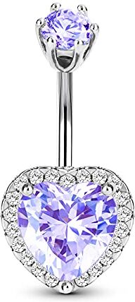 CM Crareesi Mania CM Crareesi Piercing per ombelico a forma di cuore, in acciaio INOX 316L, elegante piercing per ombelico da 16 g, con zirconia cubica rosa, colore: Zirconia cubica argento-viola., cod.