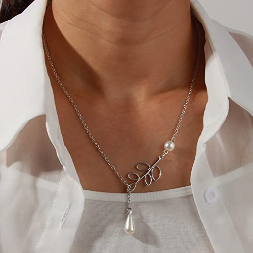 TseenYi Collana foglia argento girocollo foglia perla foglia pendente clavicola catena gioielli per donna e ragazze sposa sposa San Valentino'Regalo del festival di Natale del giorno