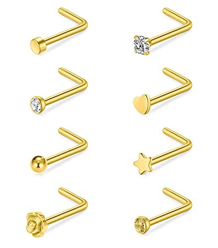 incaton 0.8mm Piercing Naso Acciaio Chirurgico da 20g Piercing Naso Anelli con Viti a Forma di Anello da Naso, 8 Stili