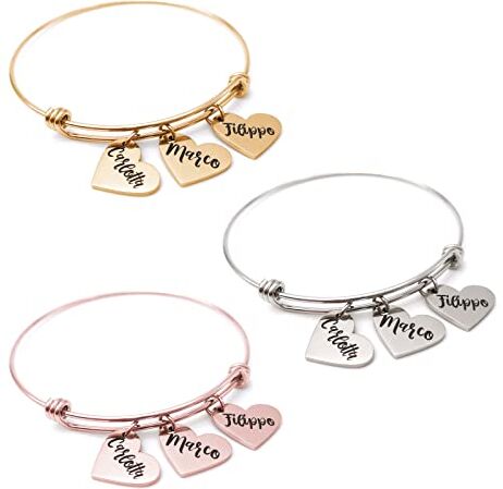 ALMENDRA Bracciale da donna personalizzato con incisione cuore con nome famiglia braccialetto personalizzabile regalo festa della mamma figli iniziale data nascita zampa cane gatto acciaio (Cuori pieni)