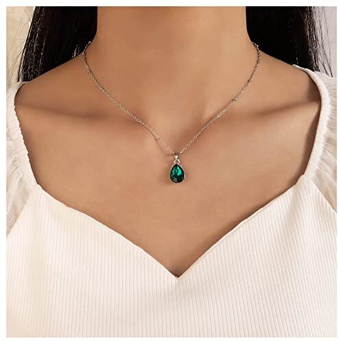 Inilbran Boho Waterdrop Ciondolo Smeraldo Collana Teardrop Smeraldo Gemstone Collana Argento Teardrop Girocollo Collana Ovale Verde Cristallo Collana Catena Gioielli per Donne e Ragazze (Stile A)