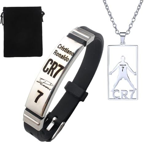 DALAETUS 3 Pezzi CR7 Collana Set con Bracciale, Sacchetto di Velluto, Ciondolo Calciatore in Acciaio Inox, Unisex Idee Regaloper Donna Uomo Ragazzo