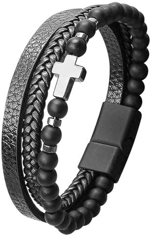 JUZICHEN Bracciale Uomo, Bracciali Uomo, Bracciale Con Croce, Bracciale Uomo Pelle, Bracciale Uomo Fossil, Bracciale Cuoio Uomo, Bracciale Nero Marrone Uomo, Con Serratura Magnetica