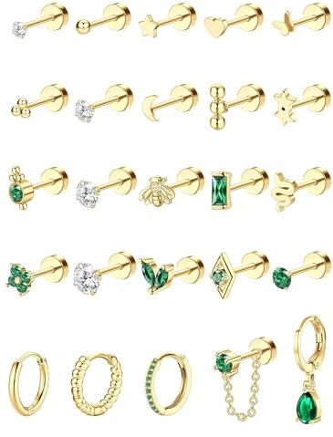 FIOROYAL 25Pezzi Orecchini Acciaio Chirurgico Orecchini Verdi Orecchini Cerchio Piccoli Piercing Orecchio Zircone Serpente Orecchini Donna Set Oro