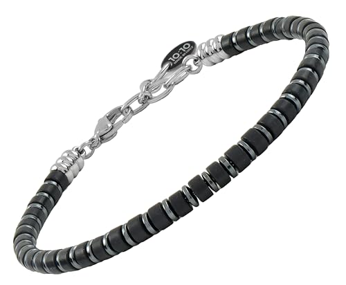 10:10 Bracciale Uomo Pietre Dure Naturali 4 mm Rondelle Ematite Acciaio, Regolabile, Made In Italy (Agata Nera)