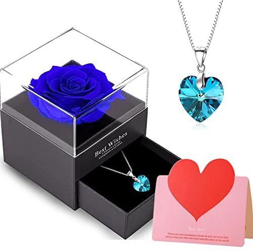 Willuck Rosa Eterna, Rosa Eterna con Collana, Rosa Eterna Confezione Regalo, Rosa Eterna Vera con ciondolo zaffiro blu argento 925 donna,San Valentino Festa Della Mamma Anniversario Matrimonio per Lei