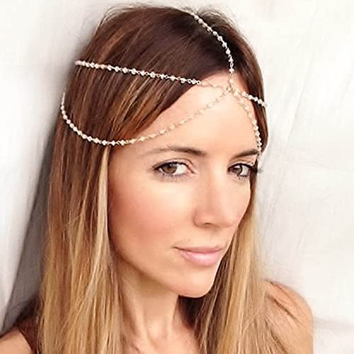 Wendalern Boho Diadema con cadena de cabeza de perla en capas tocado de cadena de perla tocado de perla para boda tocado de perla dorada accesorios decorativos para el cabello para mujeres y niñas