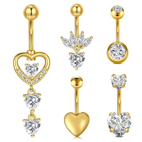 MODRSA 14G Oro Piercing Ombelico Cuore CZ Pendente Acciaio Chirurgico Donna Piercing Ombelico Cerchio Piercing Banana 10mm Piercing Gioielli Corpo