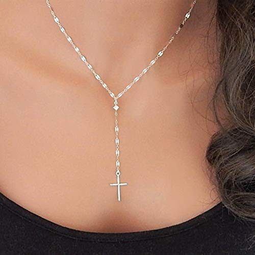 Yienate Collana vintage con ciondolo a forma di croce a Y, con ciondolo a forma di croce di Lasso, stile minimalista, per donne e ragazze (argento)