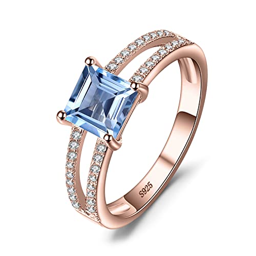 JewelryPalace Anello Solitario Donna Argento con Naturale Topazio Blu, Anelli Donna in Argento 925 con Pietra Azzurra a Taglio Principessa, Fedina Oro Rosa Anelli Anniversario Set Gioielli Donna 21