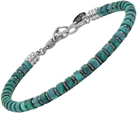 10:10 Bracciale Uomo Pietre Dure Naturali 4 mm Rondelle Ematite Acciaio, Regolabile, Made In Italy (Malachite)