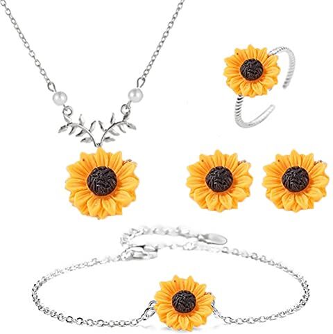 Wedity Collana Girasole Orecchini Girasole Anello Braccialetti Fiore Set Gioielli Regolabili per Donne Ragazze (D'argento)