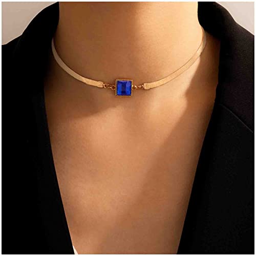 Dervivea Boho Blu Zaffiro Quadrato Collana Choker Serpente Catena Collana Quadrata Blu Gemma Collana D'oro A Spina Di Pesce Collana Gioielli Per Le Donne E Le Ragazze