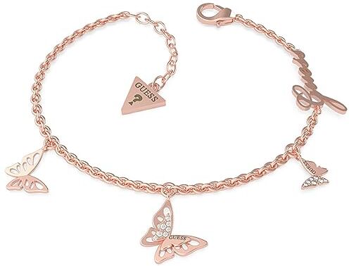 Guess Bracciale da Donna Collezione Fly Away. Gioiello Realizzato in Acciaio 316l Color rosè con ciondoli a Farfalla. La referenza è: jubb70114jw