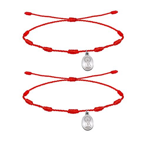cotigo Bracciale 7 nodi rosso con amuleto in acciaio-fortuna e protezione-bracciale malocchio per coppie e amicizia-gioielli regolabile-bracciale filo rosso per donna e uomo, Acciaio inossidabile