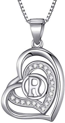 Morella Collana donna a forma di cuore lettera R con zirconi bianchi 46 cm argento 925 rodiato