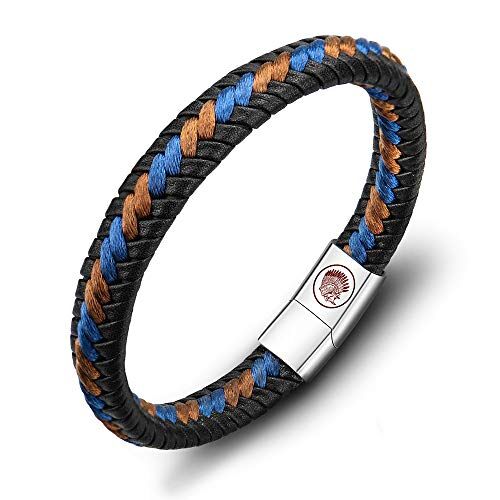 Casisto.J Bracciale pelle uomo classico bracciale intrecciato a mano nero e marrone magnetica incisa braccialetto uomo con confezione regalo (Blu, 19.00)