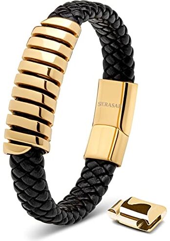 SERASAR Bracciale Uomo Oro 20cm Braccialetto Cuoio Aggiustabile Regolabile Magnetico Bracciali Braccialetti Perline Bigiotteria Bracialetto Cinturino Braciale Bambino Bracelet Corda Braciale Nere