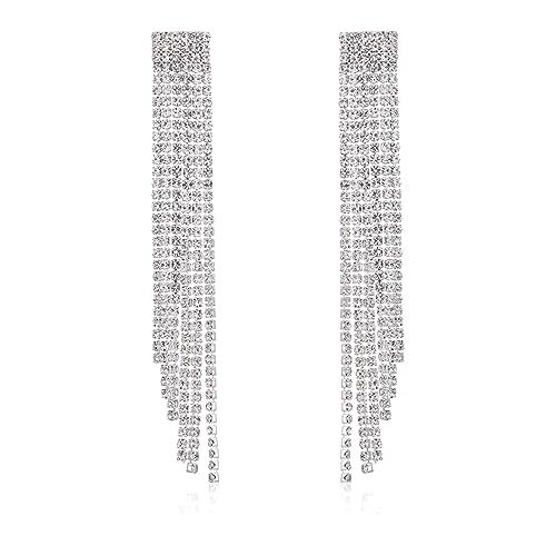 WKRTDY Orecchini pendenti con nappe in cristallo di strass argento per sposa e donna: gioielli eleganti per matrimoni