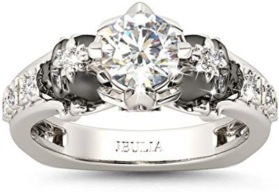 Jeulia Anelli con teschio nero  da donna Anelli da uomo in argento sterling Biker Band Fedi nuziali impilabili Diamante bianco Set da sposa Anniversario del fidanzamento (argento, 12)