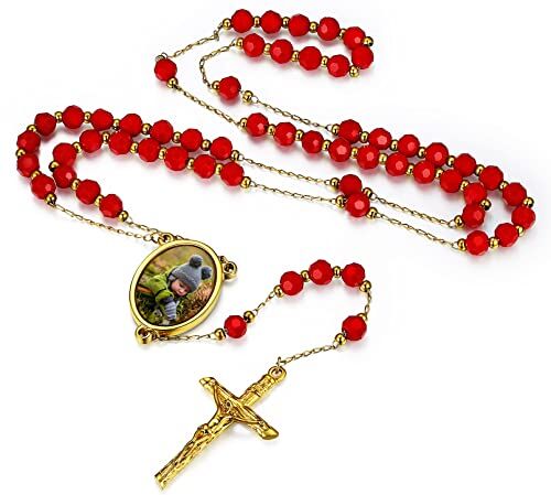 FaithHeart Collana Rosario Medaglia HD Foto Uomo Donna Crocifisso Pregheria Collana Croce Cattolica Personalizzata Catena Colorata con Perline Ciondolo Crocifisso Gioielli Religiosi